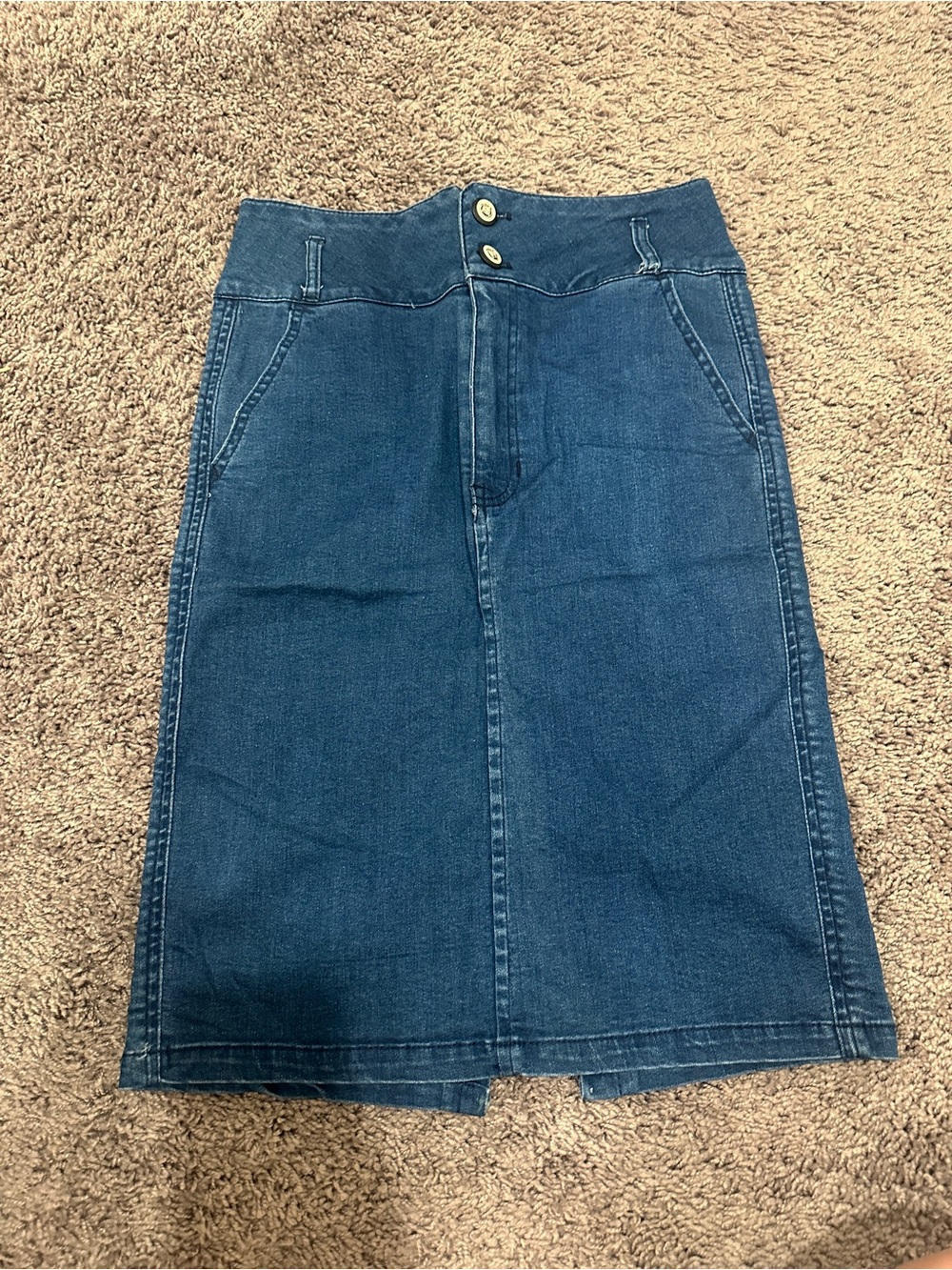 Fifty Percent Women's Blue Solid Denim Midi Pencil Skirt, Button, Pockets, L